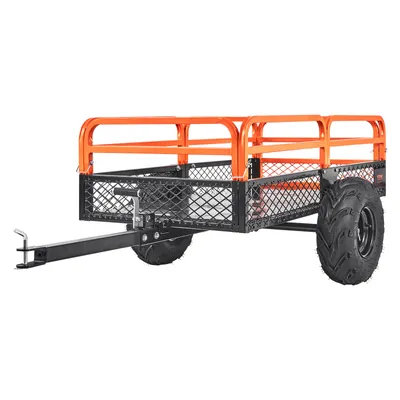 A trailer with orange railings and a black mesh bed is shown against a white background.