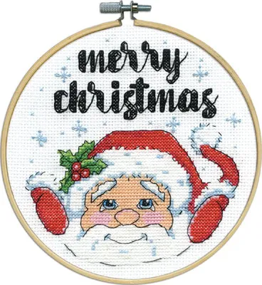 Produktbild von Design Works Kreuzstich Stickpackung mit Stickrahmen "Frohe Weihnachten, Weihnachtsmann", Zählmuster, Diam. 15cm