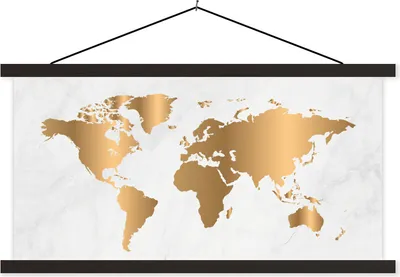 Produktbild von MuchoWow® Textilposter Weltkarte - Gold - Marmor 90x45 cm mit schwarzem Rahmen - Klemmleisten
