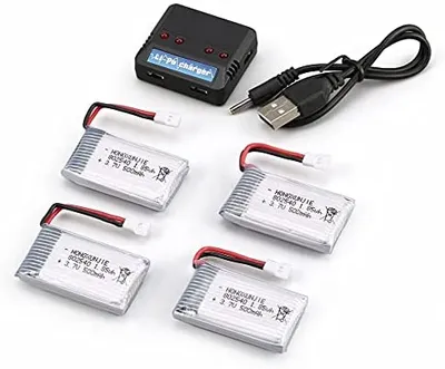 Produktbild von Kit 4 wiederaufladbare LiPo Batterien 3.7V 500mAh + 1-4 Ladegerät | Kompatibel mit Drohnen Syma, Cheerson, Skytech, Wltoys | Leicht und langlebig