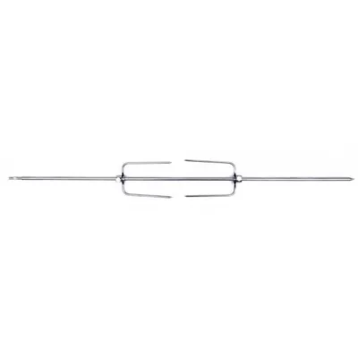 A stainless steel rotisserie spit with forks on a white background.