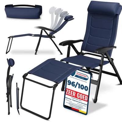 Productafbeelding van ELONEO Opvouwbare campingstoel met afneembare voetsteun, inklapbare stoel met kussen, aluminium, inklapbare tuinstoel, ligstoel met verstelbare rugleuning, blauwe campingstoel met kussen