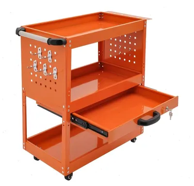 Zdjęcie produktu dla Wózek narzędziowy - 3-poziomowy wózek na kółkach - nośność 249 kg - stal Q235 - szuflady i boczne haczyki - 4 kółka z hamulcem - wymiary 81×35,6×77,6 cm - kolor czarny
