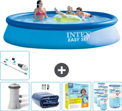 Produktbild von Intex runder aufblasbarer Easy Set-Schwimmpool – 396 x 84 cm – Blau – inklusive Pumpe Sonnensegel - Wartungspaket - Filter - Staubsauger