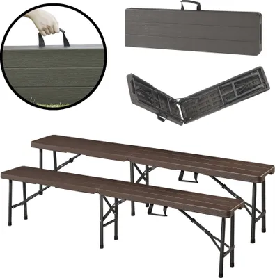 A collage of images showing a folding bench set in various states: folded in a case, partially unfolded, and fully assembled. A close-up of a hand holding a handle is also included.