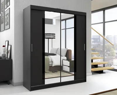 A black sliding door wardrobe with mirrored doors is shown in a room setting.