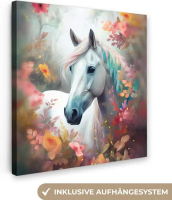 Produktbild von MuchoWow® - Leinwandbilder - Pferd - Natur - Blumen - Tiere - Wald, Wandbild, Wanddeko Bilder Wohnzimmer, 20x20 cm