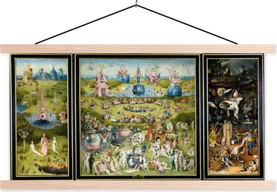 Produktbild von MuchoWow® Textilposter Garten der Lüste - Gemälde von Hieronymus Bosch 60x30 cm mit holzfarbenen Rahmen - Dekoration