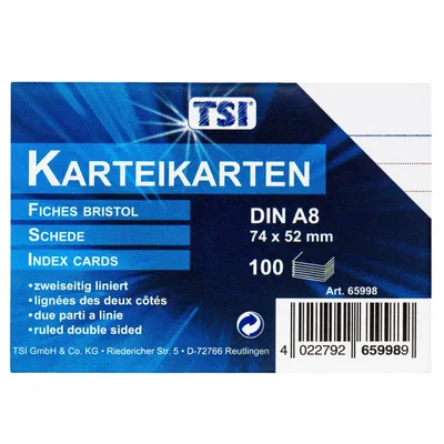 Produktbild von TSI Karteikarten A8 liniert, 100er Pg.