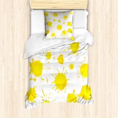 Produktbild von ABAKUHAUS Gelb und Weiß Bettbezug Set, Formlose zufällige Farbe befleckt Farbe spritzt künstlerischer moderner Blick-Druck, 135 x 200 cm + 80 x 80 cm, Gelb weiss