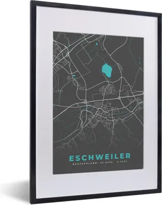 Produktbild von MuchoWow® Gerahmtes Poster Stadtplan - Karte - Deutschland - Blau - Eschweiler - Karte 30x40 cm - Poster mit Schwarzem Bilderrahmen Wandposter Rahmen Foto Bilder - Wandposter Schlafzimmer