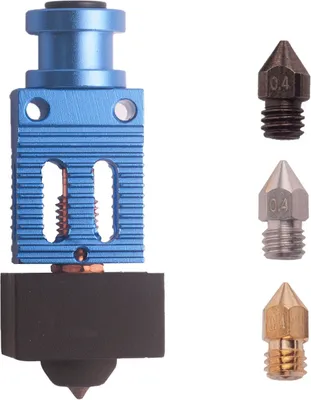Produktbild von Hochtemperatur-Hot-End-Kit fuer 3D-Drucker mit verbessertem Kupferheizblock und Bimetall-Halsrohr aus Titanlegierung. Kompatibel mit der 3D-Druckmaschine CR-10/Ender 3 mit 3 0,4-mm-Duesen aus unterschiedlichen Materialien und Silikonsocken.