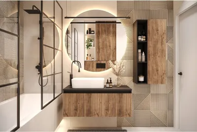 A modern bathroom with a vanity, sink, mirror, and shower.