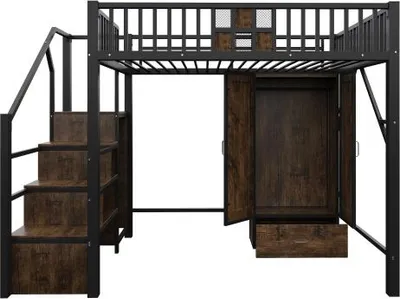 Produktbild von Metall Hochbett ohne Matratze 140x200cm Gelaenderdesign Metallgitter Kleiderschrank Schubladen Aufbewahrungsleiter Schwarz Funktionsbett Jugendbett