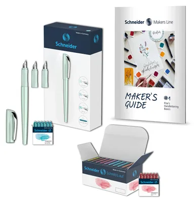 Produktbild von Schneider 399457 Callissima Kalligraphie-Set Mint (Füller mit 3 Federbreiten, 66 Pastell Patronen, Handlettering Guidebook), 70-teiliges Set