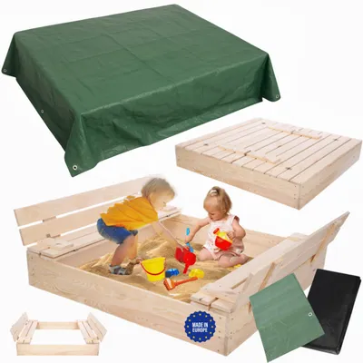 Produktbild von MODO24 Sandkasten Holz, Deckel, Sitzbänke, Schutzplane, Holzsandkasten, Kinder, Garten, 120x117 cm, Natur unbehandelt, PIA
