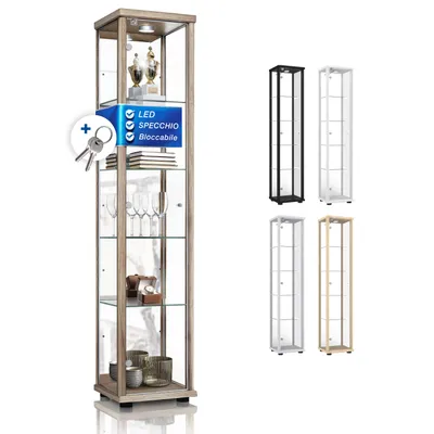 Immagine prodotto di K-Möbel Mobile in vetro in rovere Sonoma (176x37x33cm) con 4 ripiani in vetro regolabili in altezza, specchio, serratura & LED - Mobile da terra - Vetrina