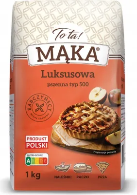 A bag of flour with an image of an apple pie and various baked goods.