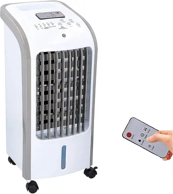 A white and gray air cooler with a remote control in a hand, set against a white background.