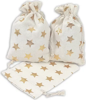 Produktbild von 12 Geschenksäckchen weiß, goldene Sterne 15 x 10 cm Baumwolle Adventskalender Säckchen Stoffbeutel zum Basteln und befüllen Gastgeschenk Hochzeit