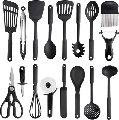 Produktbild von Famanu Küchenutensilien Set 17-teilig - Hitzebeständig, BPA-frei, Schwarz