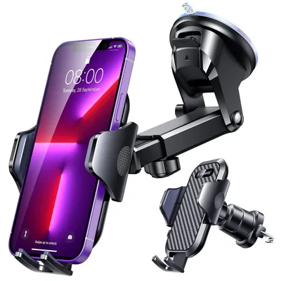 Image de Support de téléphone pour voiture 4 en 1 : ventouse, crochet de ventilation, rotation à 360°, en fibre de carbone, noir, compatible avec iPhone et Samsung
