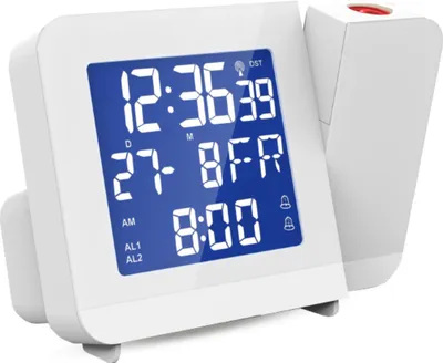 Produktbild von Funk-Projektionswecker Weiß mit DCF77, 2 Alarmen & Temperaturanzeige – drehbare Projektion 180°/360°, Snooze, 2 Zeitzonen