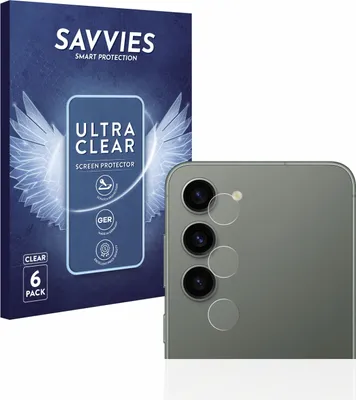 A product box for screen protectors is shown next to a smartphone with camera lens protectors applied.