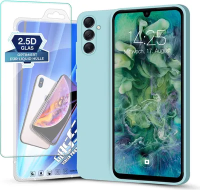 A light blue phone case and screen protector are displayed.
