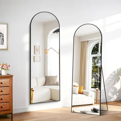 Image de Miroir mural corporel, forme en arc, 161 x 52 cm. Miroir autoportant incurvé, cadre en métal noir