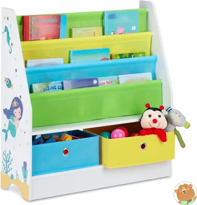 Produktbild von Relaxdays Kinderregal Meermotiv, 2 Boxen, 3 Fächer, Spielzeug Aufbewahrung, Kinder Bücherregal HBT 74 x 71 x 23 cm, bunt