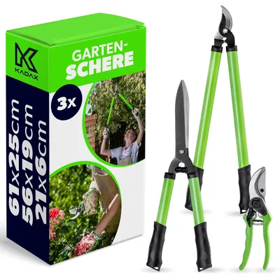 Produktbild von KADAX Bypass-Schere, Astschere und Heckenschere mit rutschfesten Griffen, Gartenschere mit Antihaftbeschichteten Klingen, Gartenwerkzeuge (3er Set: 21cm + 56cm + 61cm)