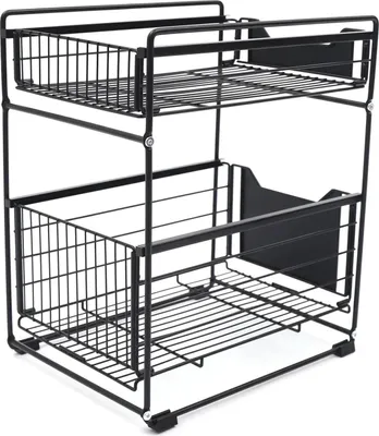 Image de Organisateur de placard extensible - Étagère à épices à 2 niveaux - Hauteur réglable - Acier au carbone robuste - 37,4 x 28,2 x 44 cm - Noir