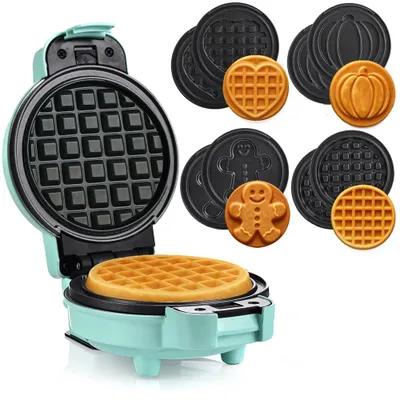 Mini-Waffeleisen, 4 Wechselplatten, mintgrün, Antihaft