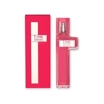 A perfume bottle and its packaging are displayed against a white background.