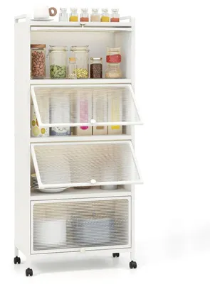 Image de Étagère de cuisine FANTASK sur roulettes, armoire de rangement haute pour la cuisine avec portes rabattables