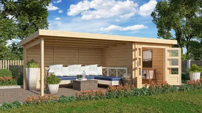 Produktbild von Gartenhaus Blockbohlenhaus Gerätehaus Bastrup 4 im Set mit Anbaudach 4 m breit, 28 mm Rückwand naturbelassen 680x297x222 cm