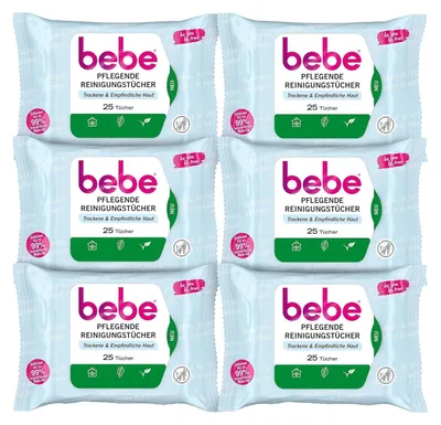 Produktbild von bebe Pflegende Reinigungstücher (6 x 25 Tücher) mit Kokoswasser, besonders milde Abschminktücher aus Fasern 100% pflanzlichen Ursprungs für trockene & empfindliche Haut