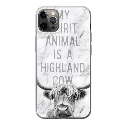 Produktbild von MuchoWow® Handyhülle Schutzhülle Hülle für iPhone 12 Pro Max Schottischer Highlander - Marmor - Zitat Silikon Softcase Handy Hülle - Hartschale