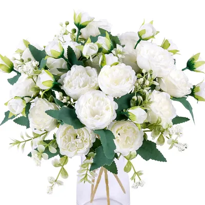 Image de 4 tiges de pivoines artificielles, fleurs blanches, pivoines en soie, bouquets