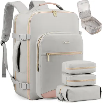 Productafbeelding van Handbagage rugzak, vliegtuig, 45 liter, dames, kofferrugzak, waterdicht, geschikt voor 17-inch laptop, grijs+roze