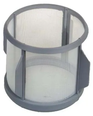 A close-up studio shot of a cylindrical mesh filter with gray plastic framing.