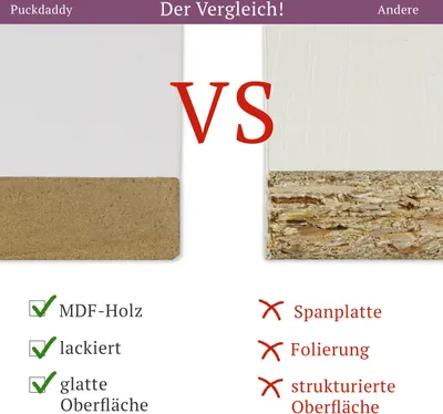 Comparison of two types of wood materials, one labeled 'Puckdaddy' and the other 'Andere' (other), with a 'VS' in the center.