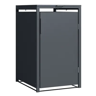 A dark gray trash can enclosure is shown against a white background.