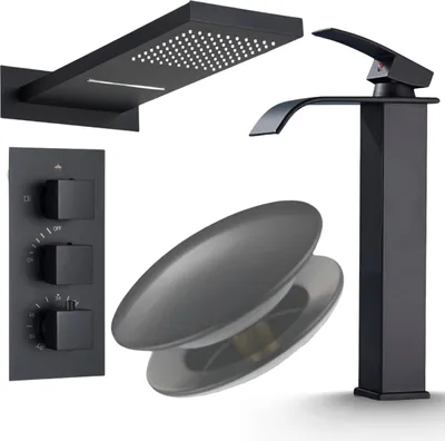Immagine prodotto di Rubinetto bagno Ari miscelatore lavabo con cascata waterfall, cartuccia Vetroceramica, ottone nero opaco