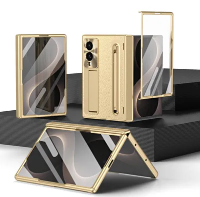 Image de Étui pour Samsung Galaxy Z Fold 8 avec support pour stylet, coque galvanisée avec support intégré, protection intégrée pour l'écran et l'appareil photo, couleur or