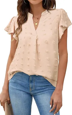 Produktbild von ASKSA Damen Sommer V-Ausschnitt Rüschen Bluse Chiffon Polka Dot Tunika Shirt, Aprikose, XL