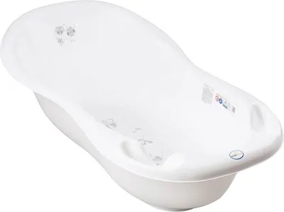 A white baby bathtub is shown from a slightly elevated angle against a white background.