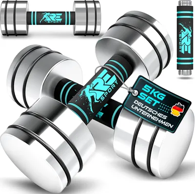 Zdjęcie produktu dla RE:SPORT® Zestaw 2 sztuk hantli z litej stali, kolor turkusowy, 2 x 5 kg | Hantle z obciążeniem i uchwytem z pianki | Hantle do domowej siłowni, trening siłowy i budowa mięśni