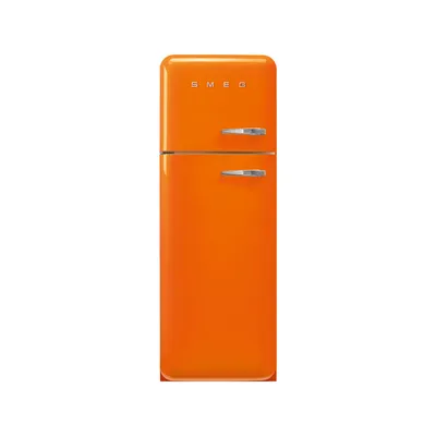 A studio shot of an orange SMEG refrigerator.
